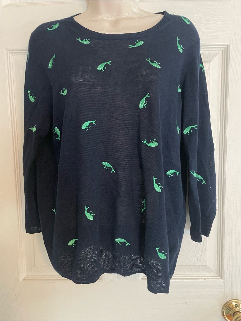 J. Crew Navy Sweater with Green Whale‎ Accent